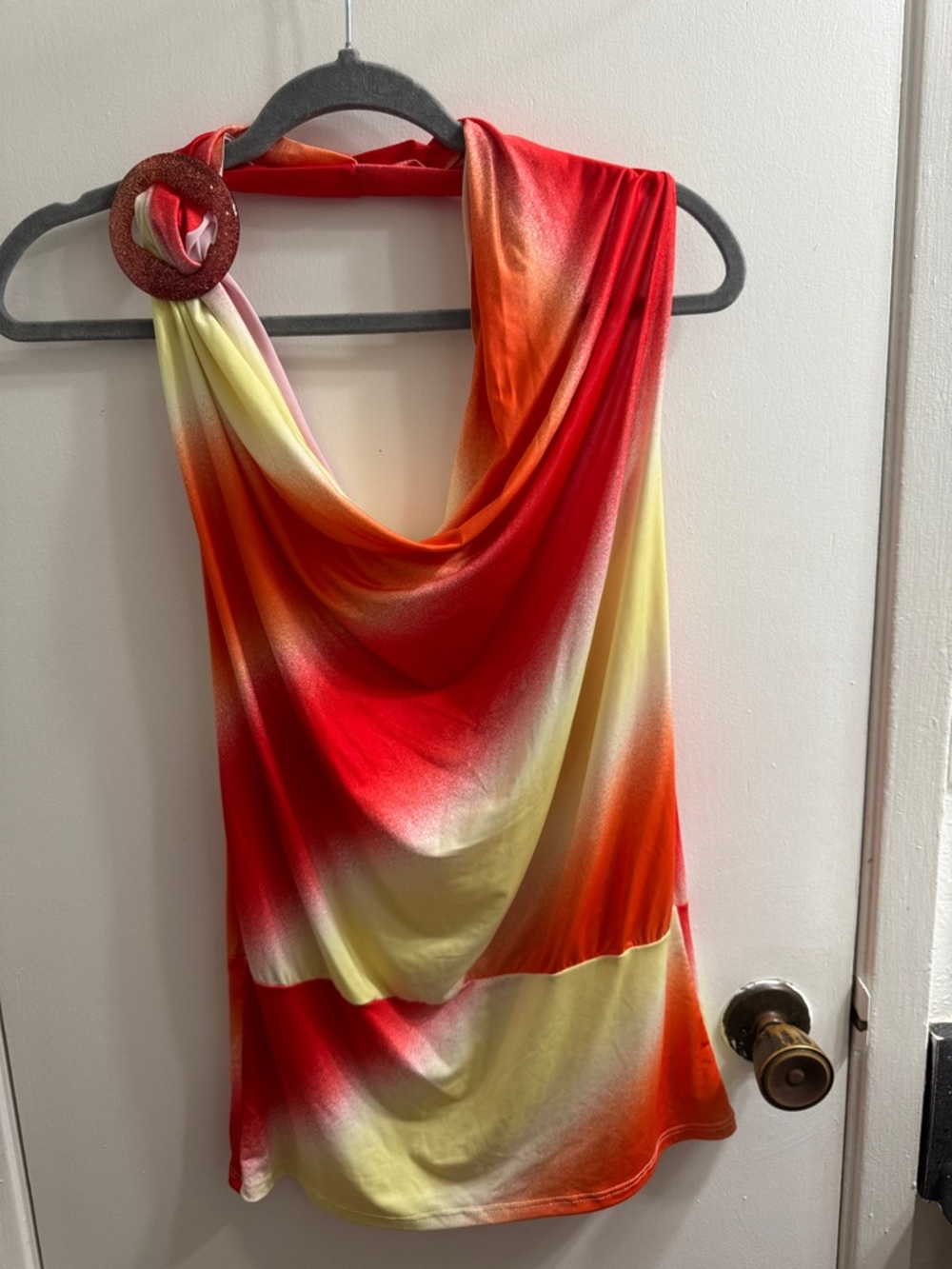 Draped Gradient Halter Top in Red-Orange-Yellow